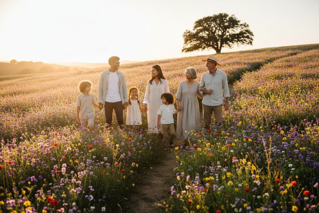 A multi-racial multi-generational family standing in a field of flowers